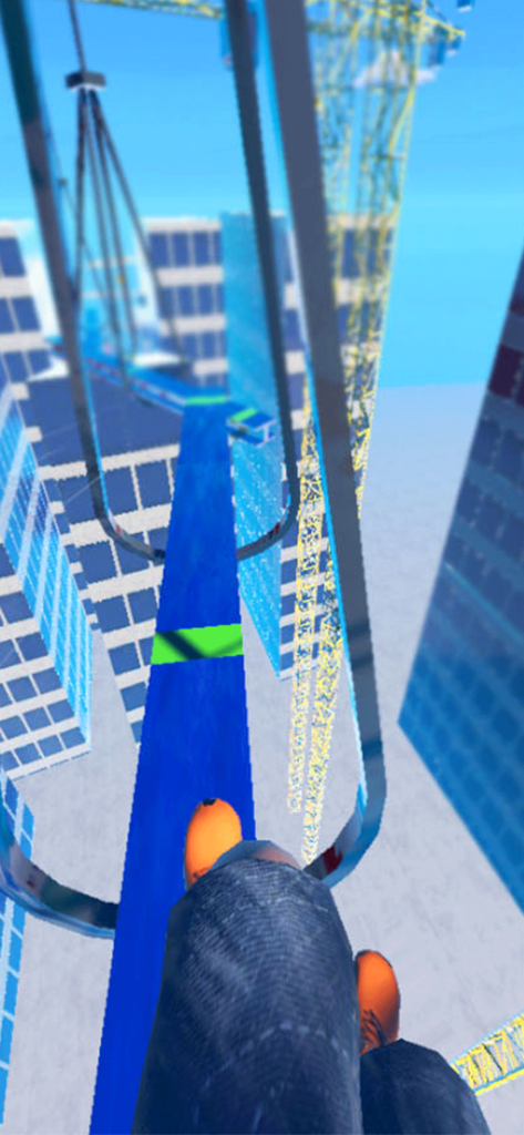 Rooftop Run - First person view of a character balancing on a high altitude beam between skyscrapers in a parkour game