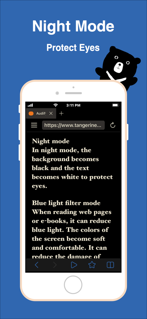 Audify mobile browser interface showing night mode and blue light filter features for eye protection