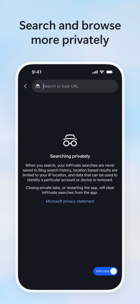 L'interfaccia dell'app Microsoft Bing Search che visualizza la funzionalità di ricerca InPrivate per una maggiore privacy dell'utente