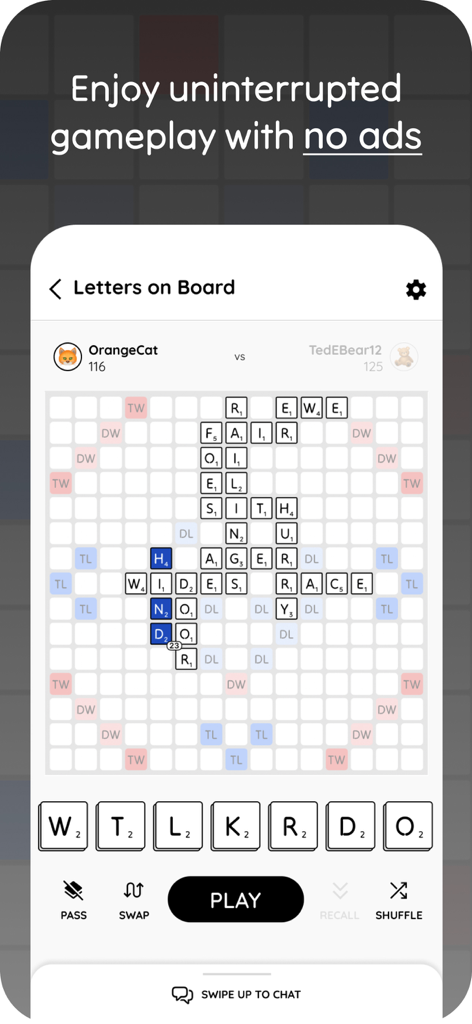 justplay (no ads) - Interfaccia di un gioco di parole senza pubblicità nell'app mobile justplay