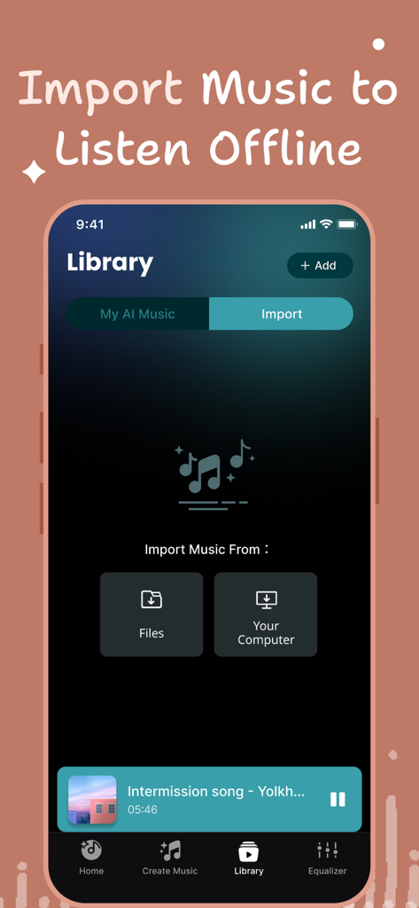 Interface do aplicativo móvel mostrando opções para importar músicas de arquivos ou de um computador para ouvir offline na seção Biblioteca.