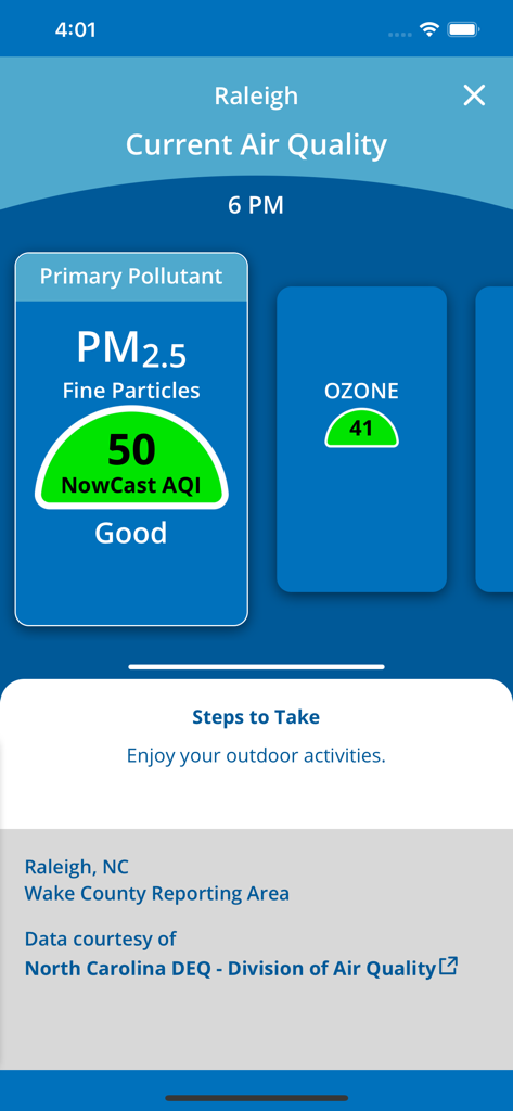 EPA AIRNow - La pantalla de la aplicación EPA AIRNow muestra buena calidad del aire y niveles de contaminantes para Raleigh, Carolina del Norte.