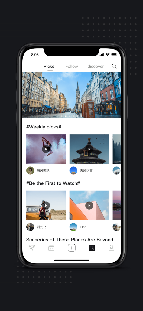 ZY Play - Interfaz de la comunidad de la aplicación ZY Play que muestra un feed de descubrimiento con selecciones de vídeo semanales y contenido de creadores seleccionado.