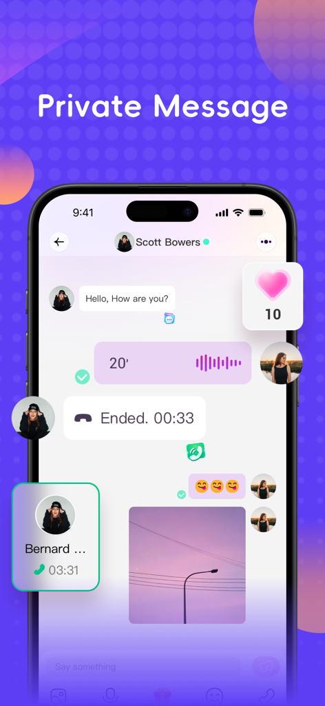 Laka app private message screen showing text chat, voice messages, and a shared photo between users.