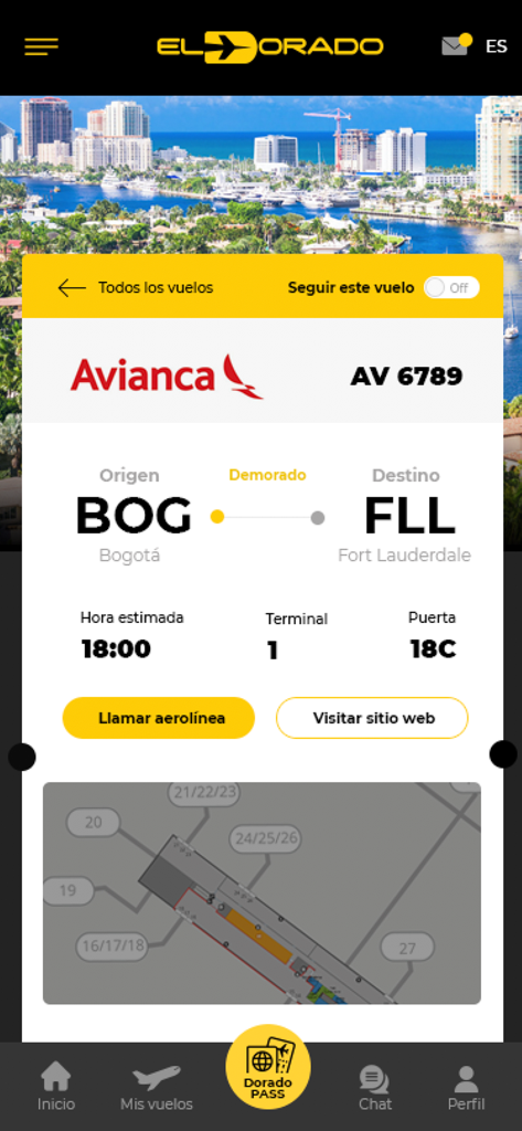 Aeropuerto El Dorado - Flight details screen in the Aeropuerto El Dorado app showing an Avianca flight from Bogota to Fort Lauderdale with gate and terminal info