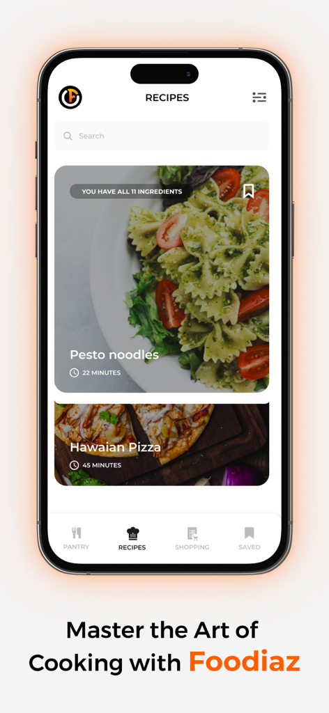 Foodiaz - The Foodiaz app recipe screen showing personalized meal suggestions like Pesto Noodles based on current pantry inventory