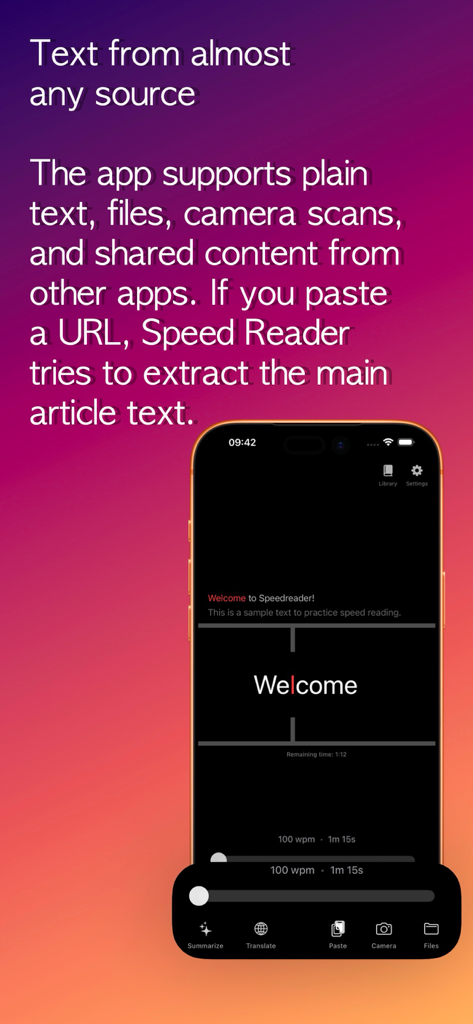 Speed Reader! - Speed Reader mobile app interface showing various text import options including camera scans, files, and URL extraction.