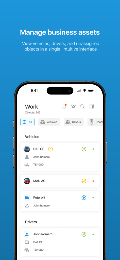 X-GPS Mobile - Interfaz de la aplicación X-GPS Mobile que muestra una lista de vehículos y conductores rastreados para la gestión de flotas empresariales