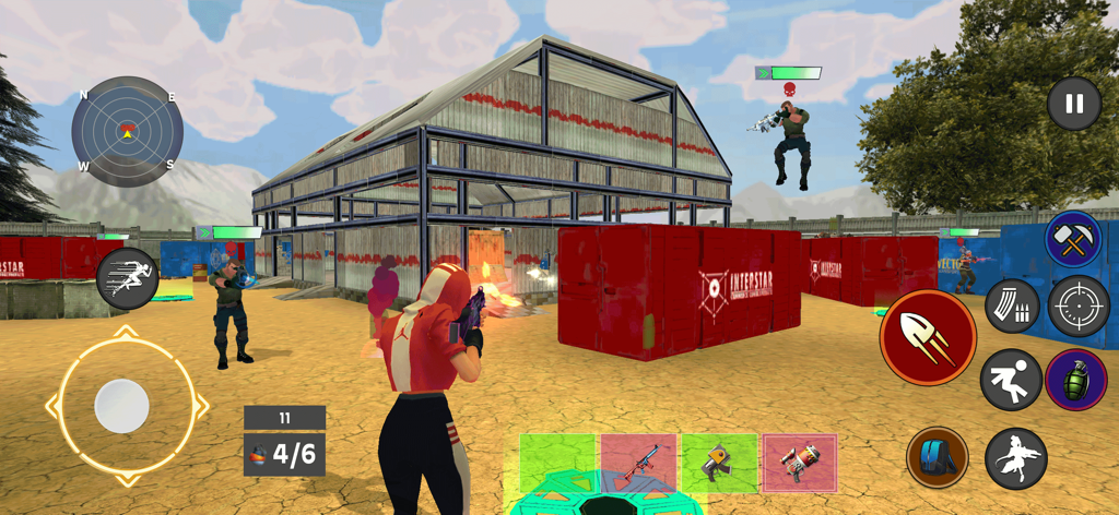 Jugabilidad de un shooter en tercera persona en una arena desértica con personajes y contenedores de envío