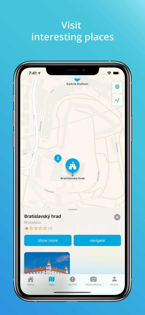 GoSlovakia - GoSlovakia app map interface showing Bratislava Castle as a point of interest with navigation options