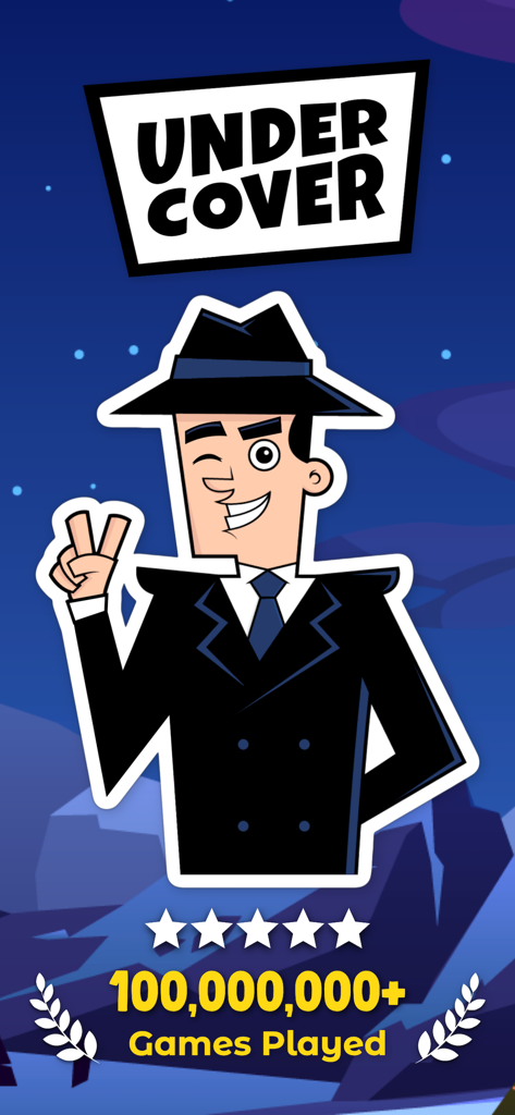 Undercover™: Word Party Game - Écran d'introduction du jeu Undercover Word Party Game présentant un espion de dessin animé et une étape importante du jeu