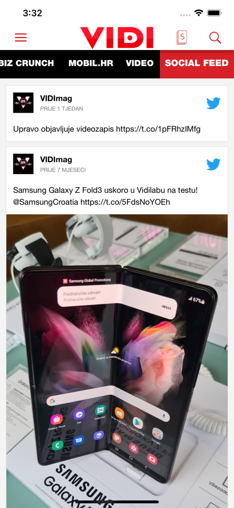 Vidi časopis - Social feed section of the Vidi casopis app showing a news post about the Samsung Galaxy Z Fold3