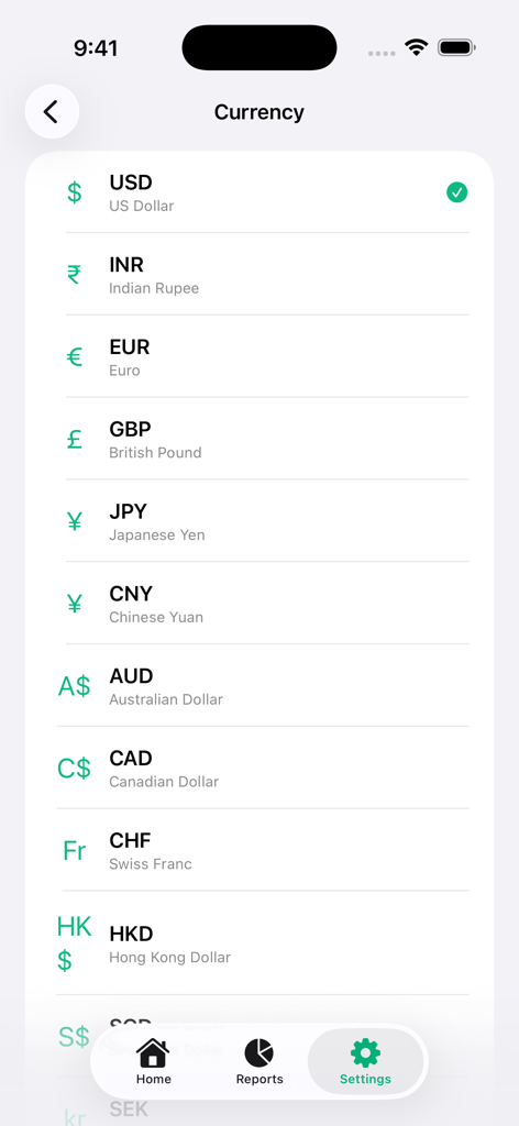 Pocket Clear - Pocket Clear app currency selection screen showing various international currencies.
