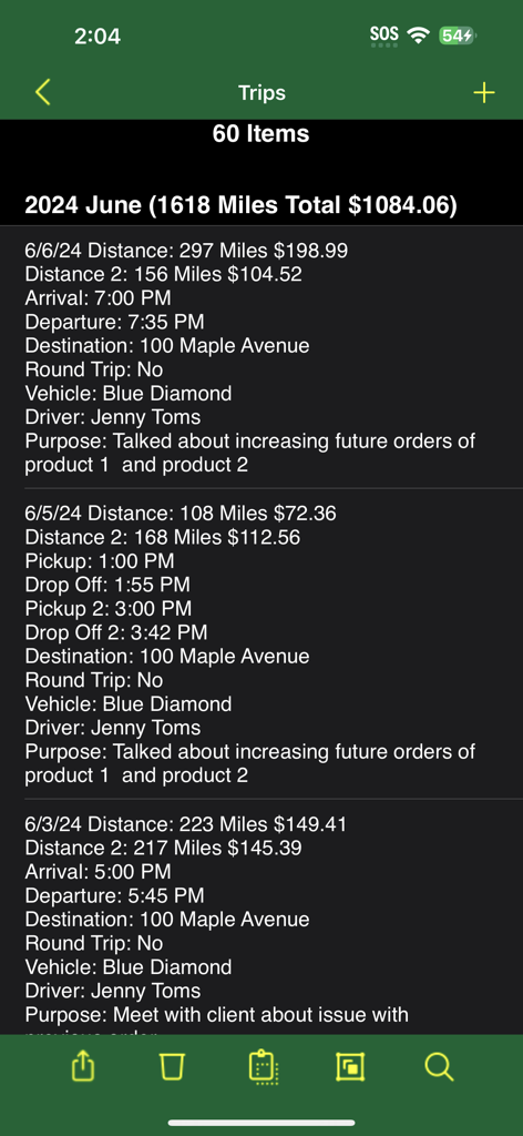 Track My Mileage And Time - Screenshot of the mileage and time tracking app showing a detailed list of trips with distance and cost