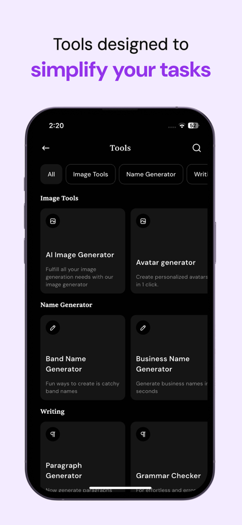Merlin AI: AI Chat Assistant - A list of AI tools in the Merlin app including image generators and name generators