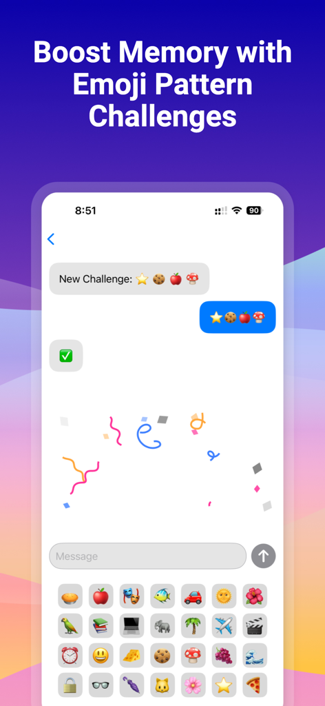 Emoji Games For Kids - Un desafío de juego de memoria basado en emojis para niños donde repiten secuencias en una interfaz de chat