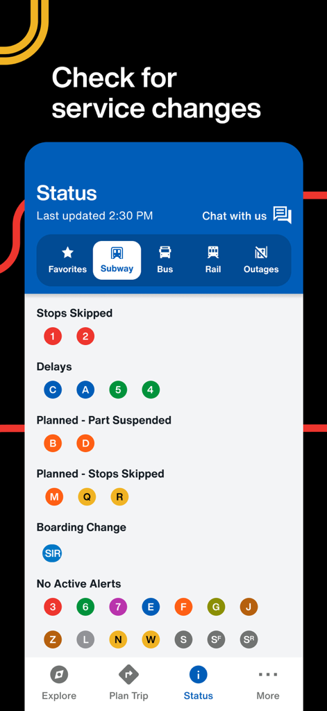 Interface showing real time subway service status and delays in the Official MTA App