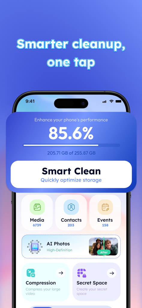 Phoenix Cleaner: AI Cleaner - Interface of the Phoenix Cleaner app showing a storage usage dashboard at eighty-five percent and a smart clean button.