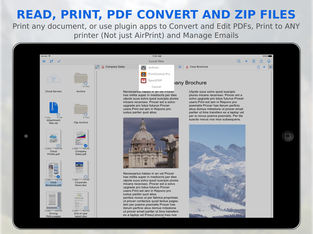 iPad screenshot of FileCentral app demonstrating file organization and PDF conversion for printing