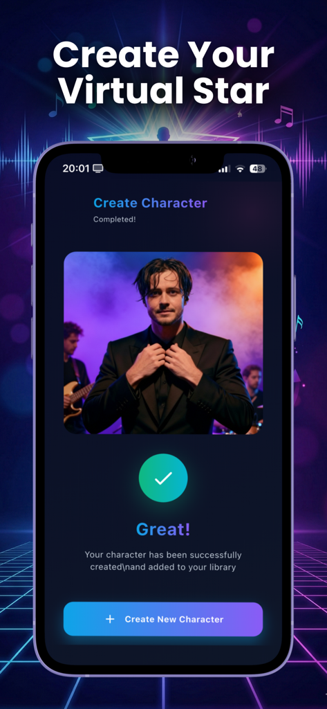 Ayro: AI Music & Create Singer - Smartphone screen showing the successful creation of a virtual star character in the Ayro AI music app