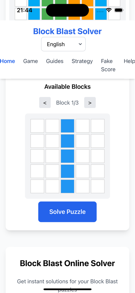 Block Blast Solver Pro interface showing a puzzle grid and solve button for block puzzles