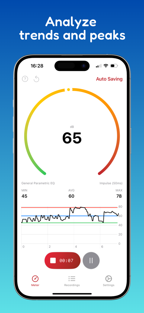 데시벨 측정 앱 인터페이스, 음향 수준 게이지 및 소음 추세 그래프 표시