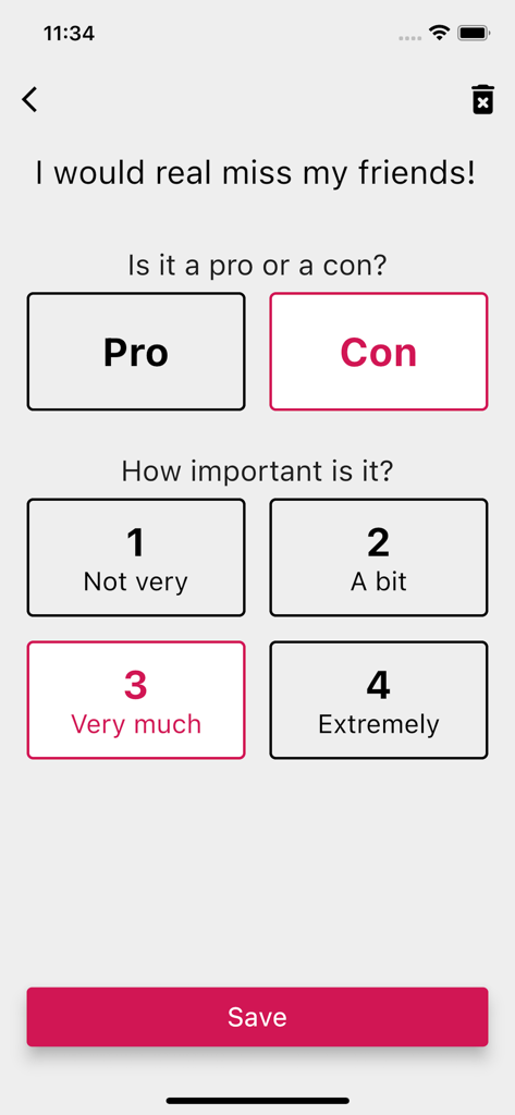 Pros & cons lists - Uma tela do aplicativo Listas de Prós e Contras mostrando a interface para adicionar um argumento e selecionar seu peso de importância.