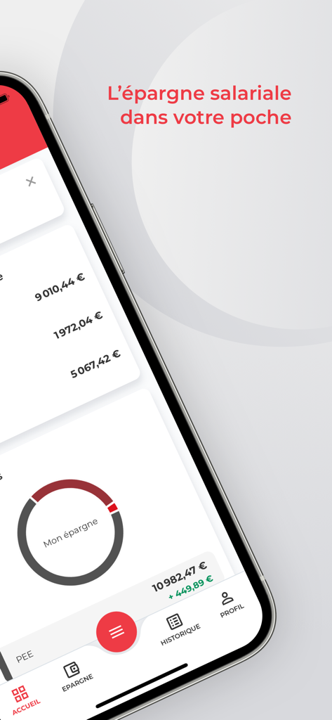L'Appli ESALIA - L Appli ESALIA mobile dashboard showing employee savings balances and investment portfolio chart