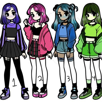 one girl with crop-top shirt and a jacket with a skirt, long socks and another girl with a shirt and pants with a jacket