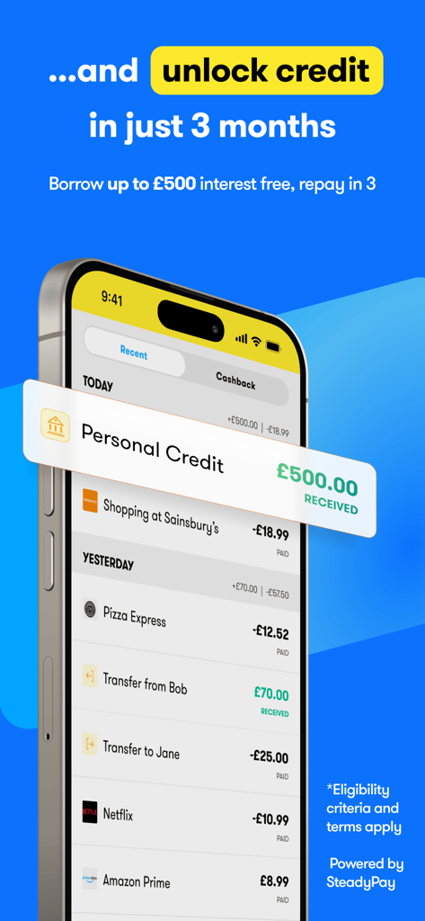 Mobile screen showing Pockit app transaction history with a five hundred pound personal credit received