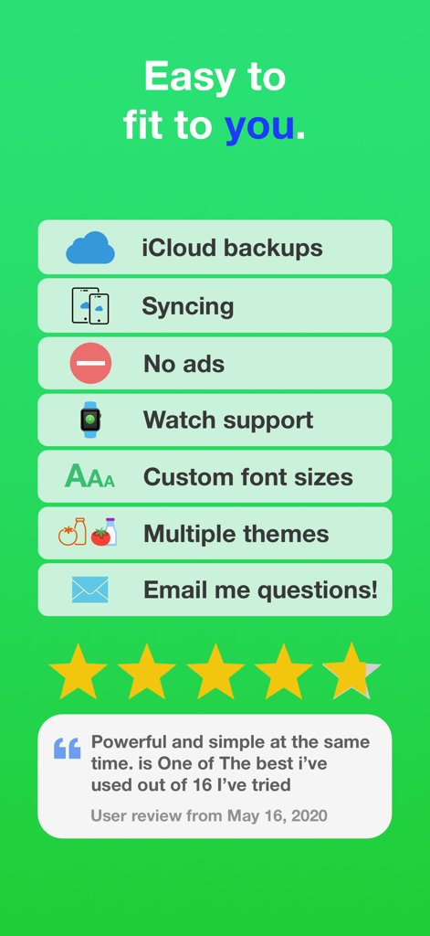 Do.List: To Do List Organizer - Una lista de características de Do.List como sincronización de iCloud y sin anuncios junto a una reseña de usuario de cinco estrellas.