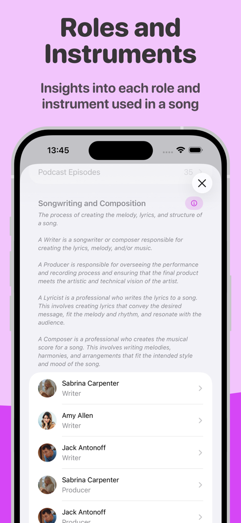 MusicSmart - Liner Notes - A mobile interface of MusicSmart showing songwriting and composition credits with roles for Sabrina Carpenter and Jack Antonoff.