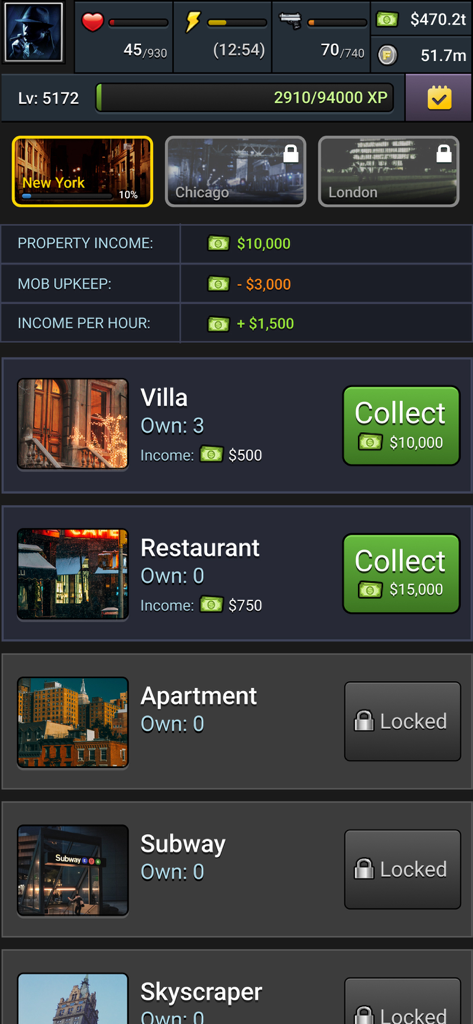 Mob Wars LCN: Underworld Mafia - Mob Wars LCN gameplay screenshot showing the property management menu and crime empire income stats