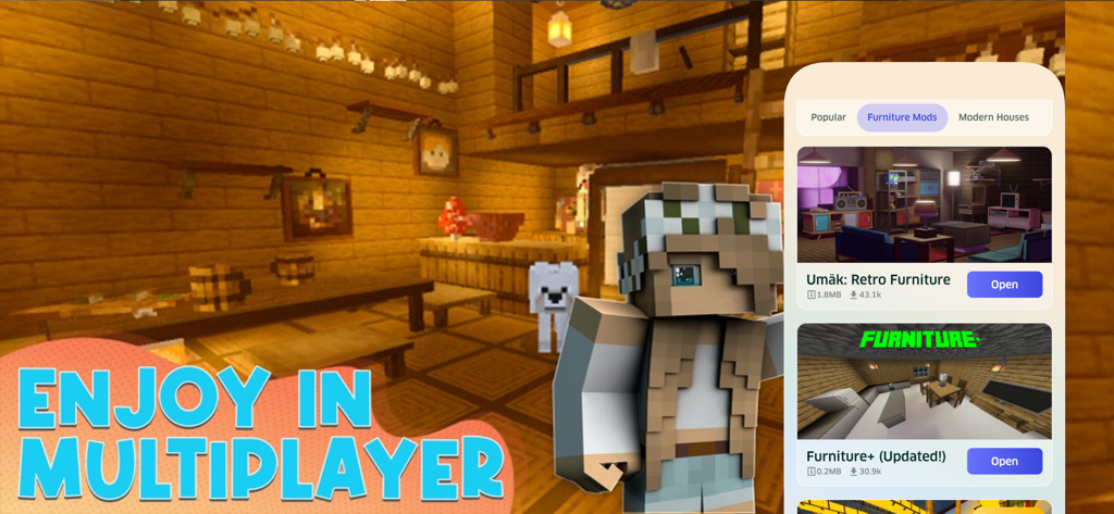 A mobile app screen showing various furniture mods for Minecraft alongside a game screenshot emphasizing multiplayer gameplay.