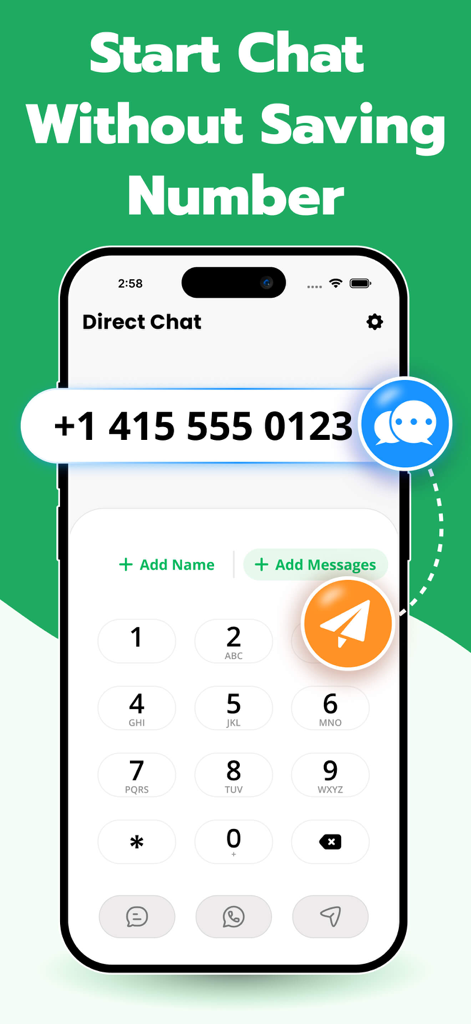 Whats Web – Dual App Messenger - Interface mostrando o recurso de chat direto para enviar mensagens sem salvar um número de telefone