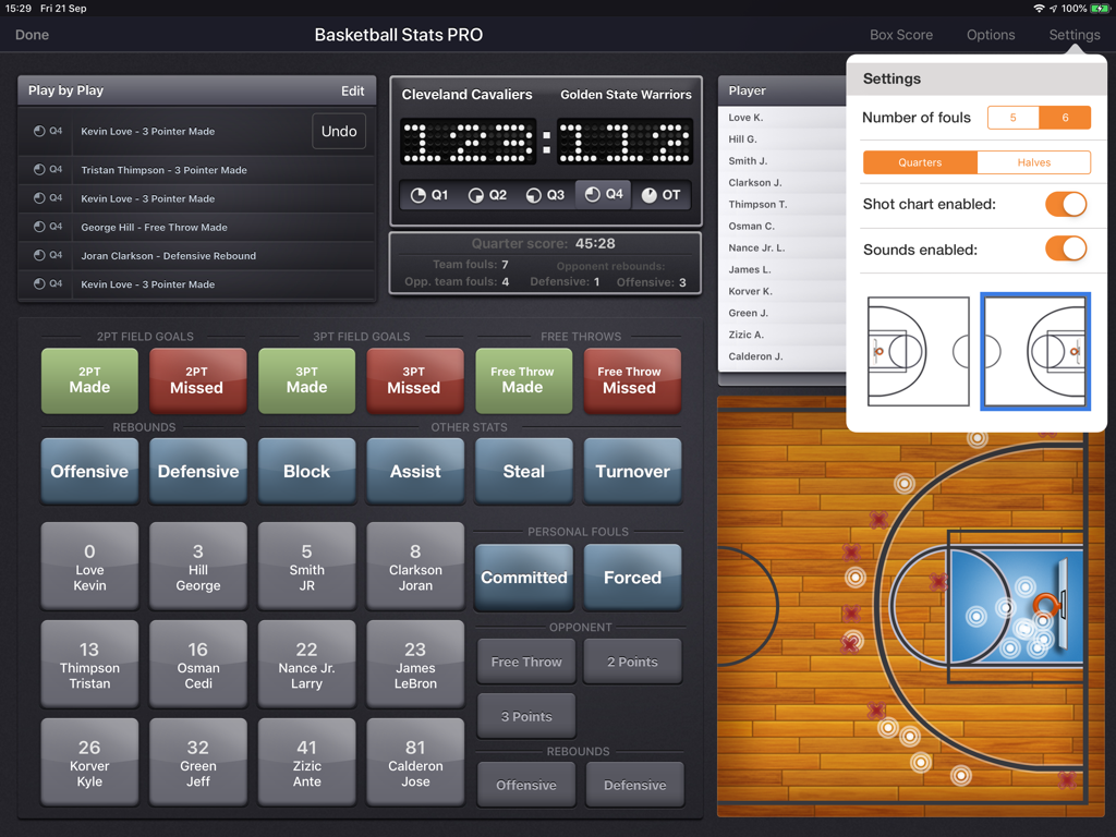 Basketball Stats PRO Lite - Basketball Stats PRO Lite app interface on iPad showing game statistics tracking and settings