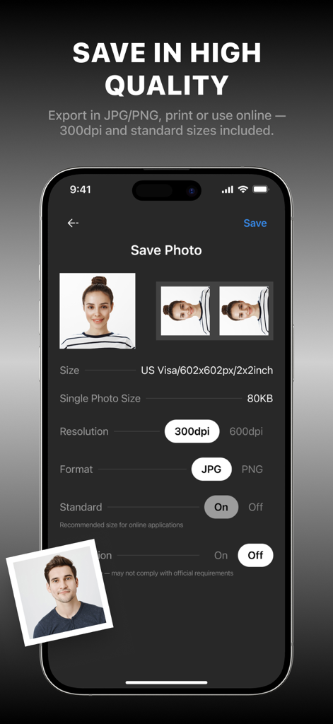 Passport & Visa Photo Maker ID - Mobile app screen showing high quality export settings for a US visa photo with options for resolution and format
