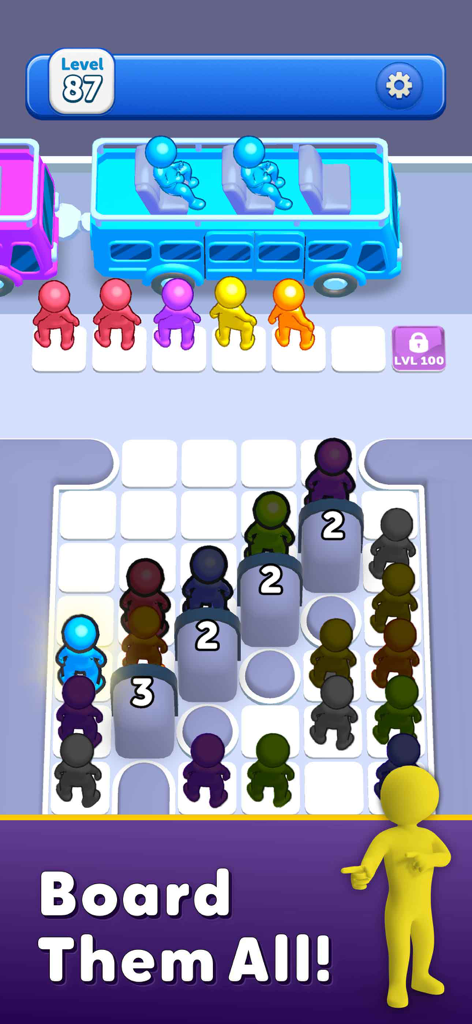 Bus Jam gameplay screenshot showing color coded passengers waiting to board a matching blue bus