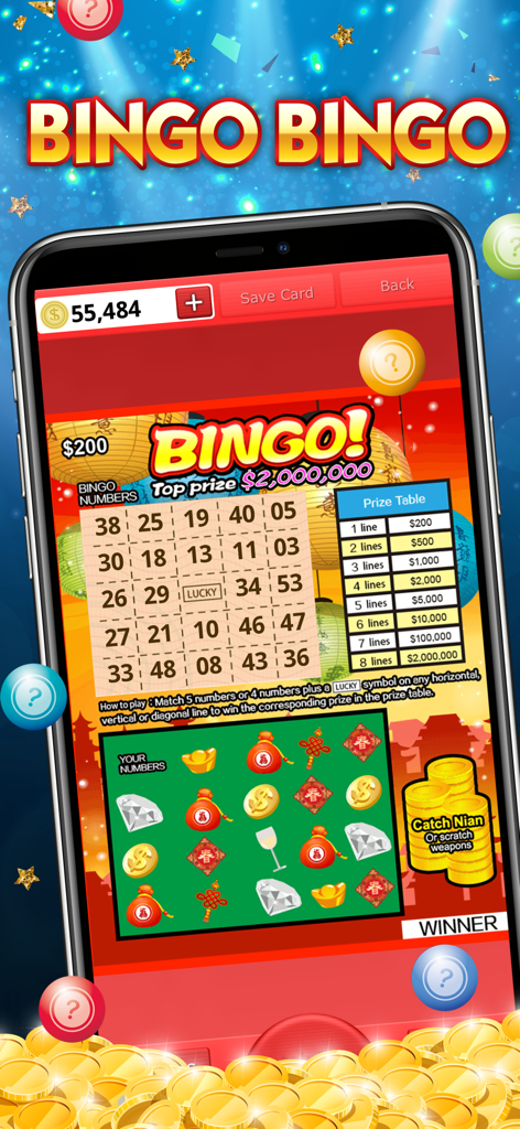 Mobile phone screen displaying a virtual Bingo themed scratch off lottery ticket with prizes and lucky symbols