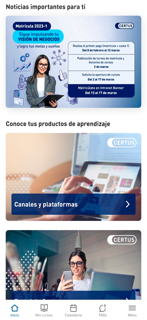 Pantalla de inicio de la aplicación Certus mostrando noticias importantes para estudiantes e información de inscripción