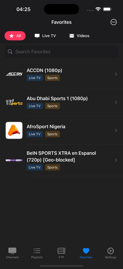 Mobdro IPTV Plus - Favorites screen of Mobdro IPTV Plus app showing curated live sports channels