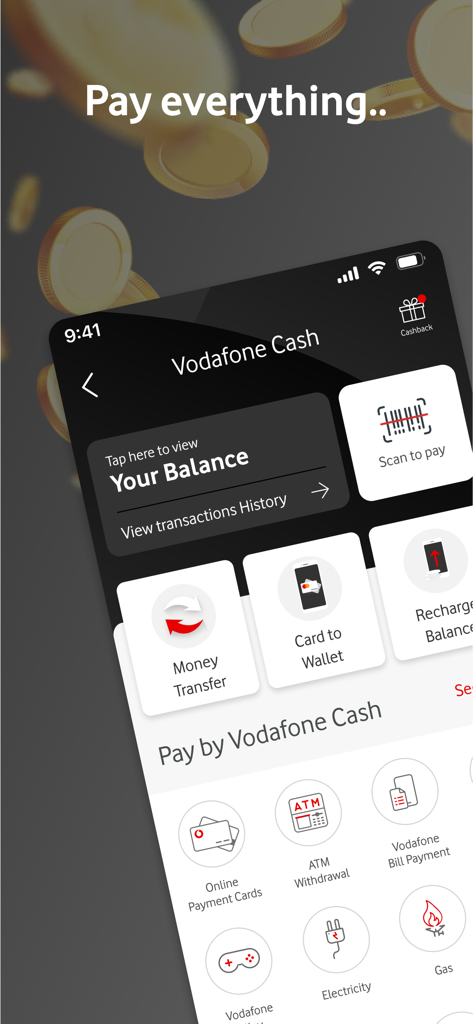 Ana Vodafone app interface showing Vodafone Cash payment services and utility bill options