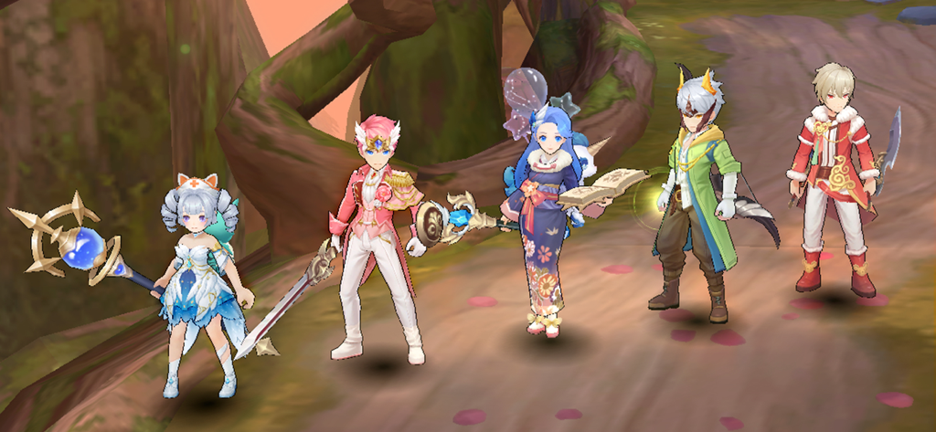 Guardians of Cloudia - Cinco héroes de estilo anime mostrando clases únicas y cosméticos coloridos en Guardians of Cloudia.