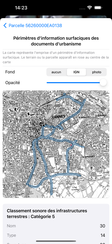 Coo - Mapa de planeamento urbano e classificação de infraestruturas de ruído para uma parcela de propriedade na aplicação Coo