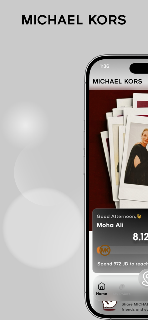 MICHAEL KORS REWARDS - Michael Kors Rewards app interface showing loyalty points and personalized member dashboard
