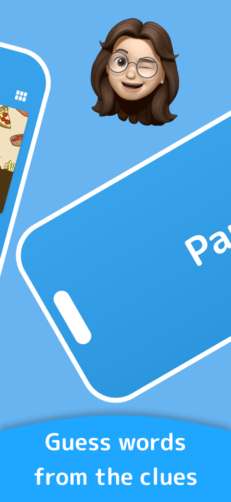 Charades - Family & Party Game - Un avatar de chica y una pantalla de teléfono inclinada con el mensaje Adivina palabras de las pistas