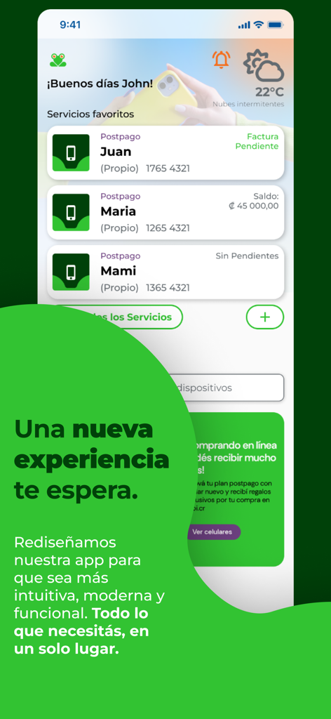 L'écran principal de l'application mi kolbi montrant plusieurs comptes mobiles gérés avec leur statut de paiement et leur solde.