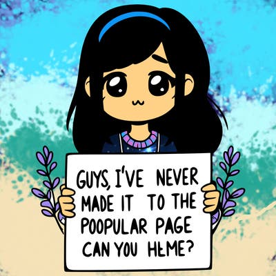 a girl holding up a sign that says, guys, i’ve never made it to the popular page, can you help me?