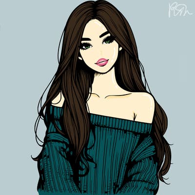 realistic girl with long hair wearing an off the shoulder sweater