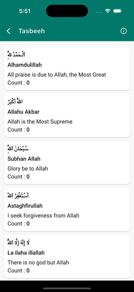 Tasbeeh prayer list with counters in the Light of Deen Islamic app